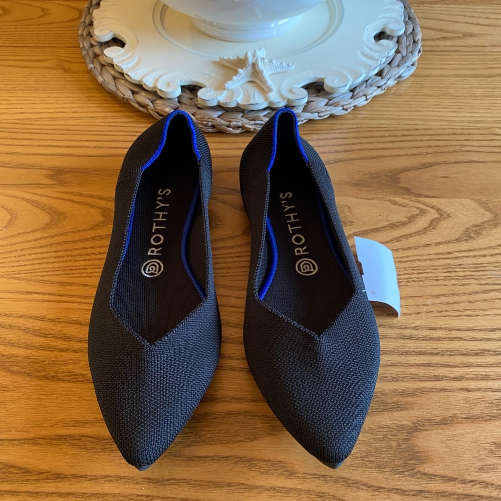 NWOT Rothy's Black Pointed Knit Flats with Blue Trim - Picture 3 of 5